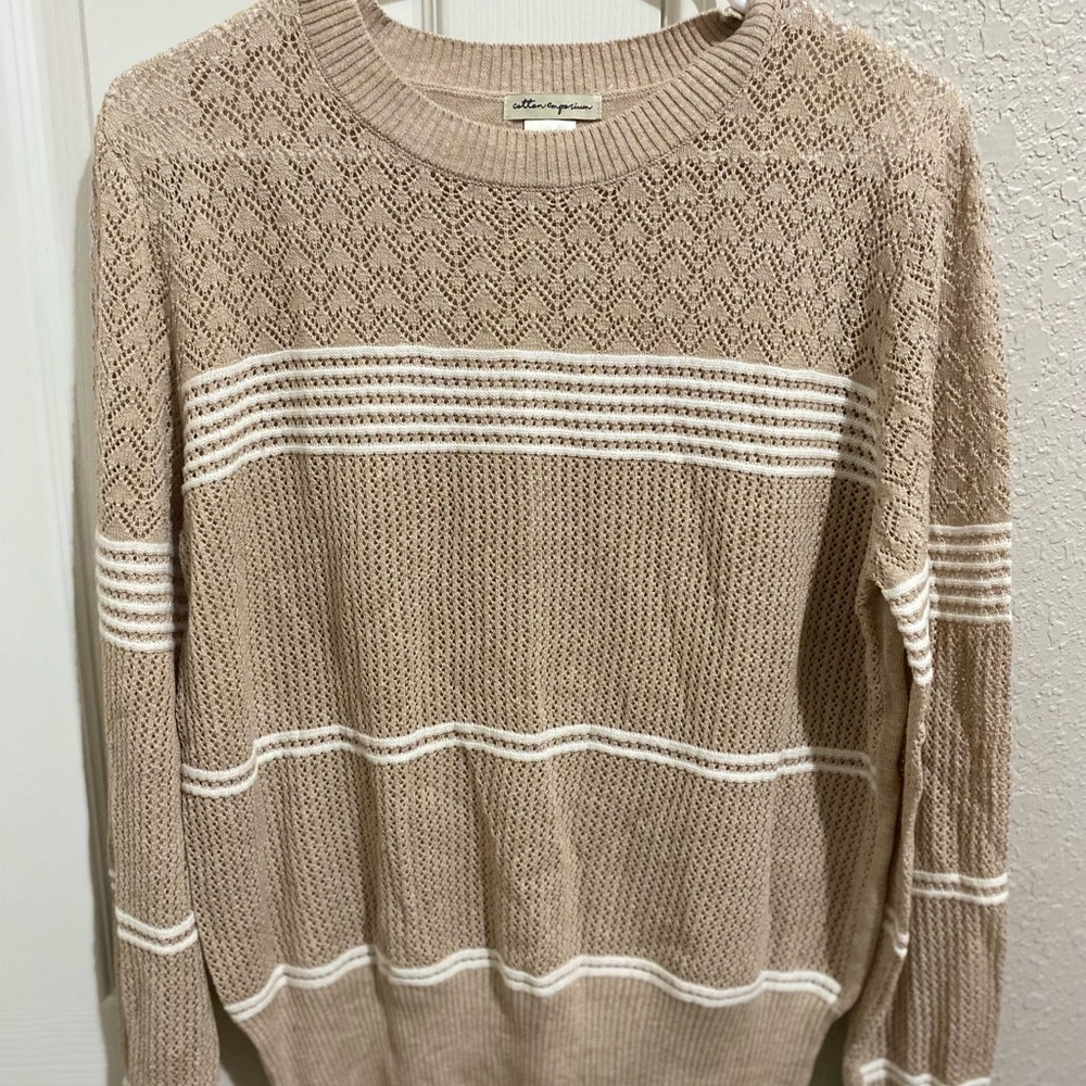 Cotton Emporium Women's Beige and White Sweater